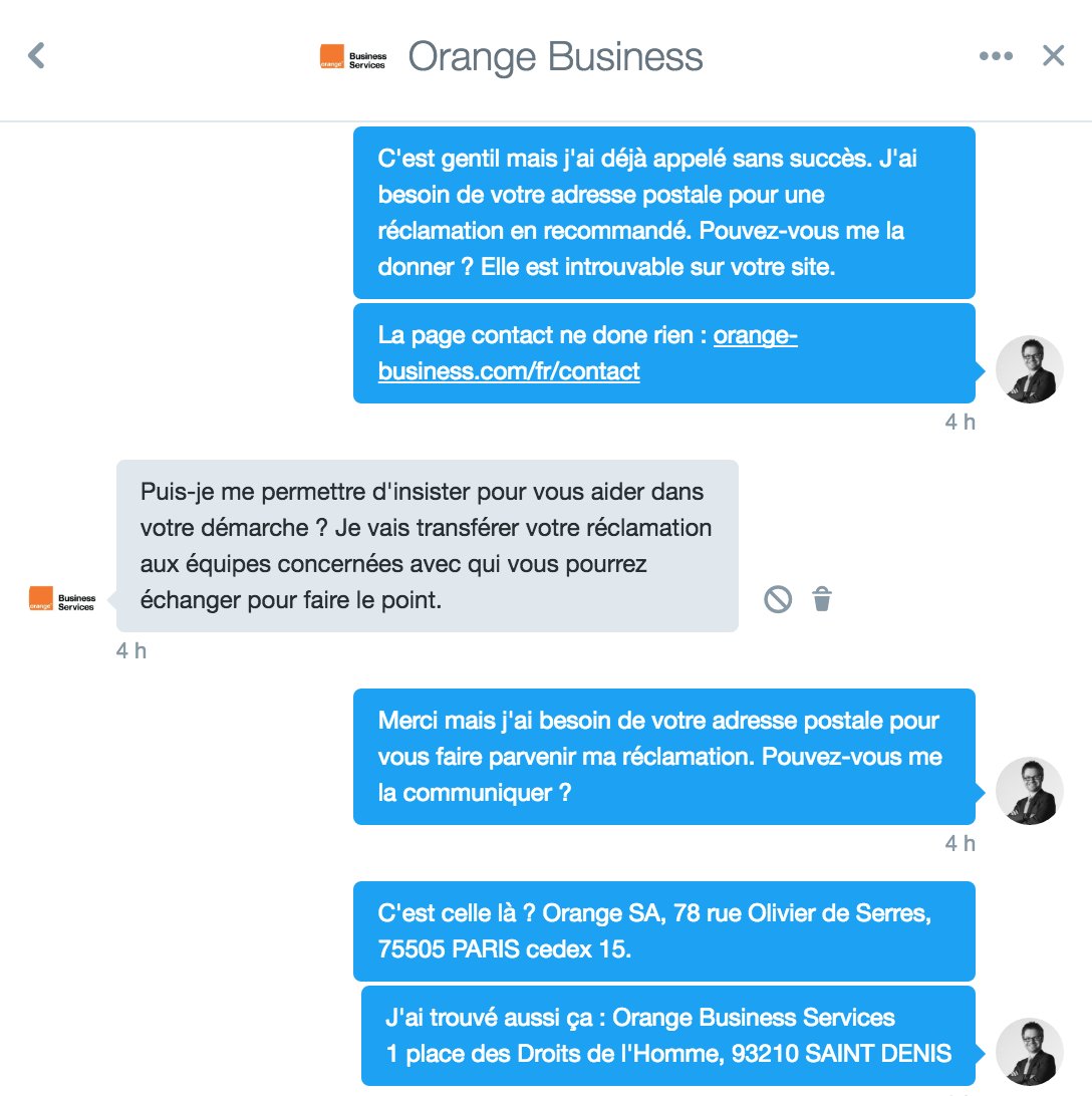 C'est compliqué d'avoir l'adresse postale d'<a href="/orangebusiness/">Orange Business</a>... Moi qui pensais leur envoyer une carte postale de mes futures vacances...