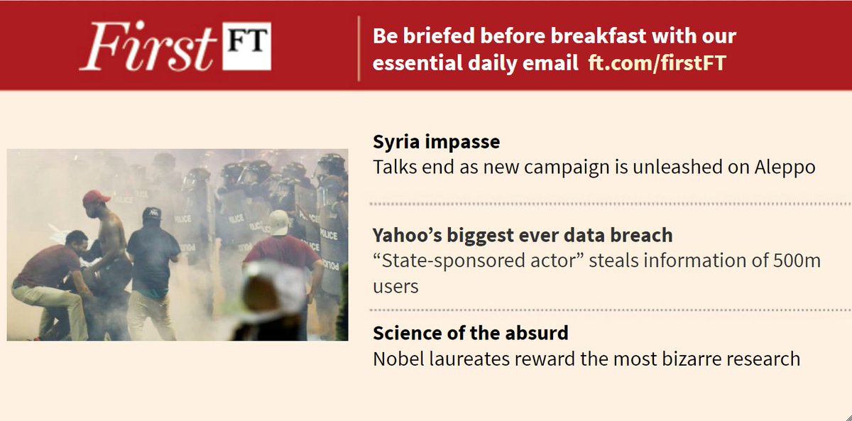 FT's tweet image. Syria impasse, Yahoo's massive data breach and the science of the absurd. Sign up for #FirstFT here: on.ft.com/2cMd7SH
