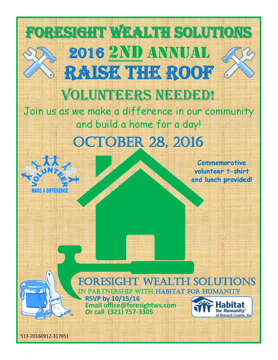 foresightws's tweet photo. Foresight Wealth Solutions 2nd Annual "Raise the Roof" event is right around the corner! #Excited about this upcoming #Volunteer event! https://t.co/0wHWxxzJGX