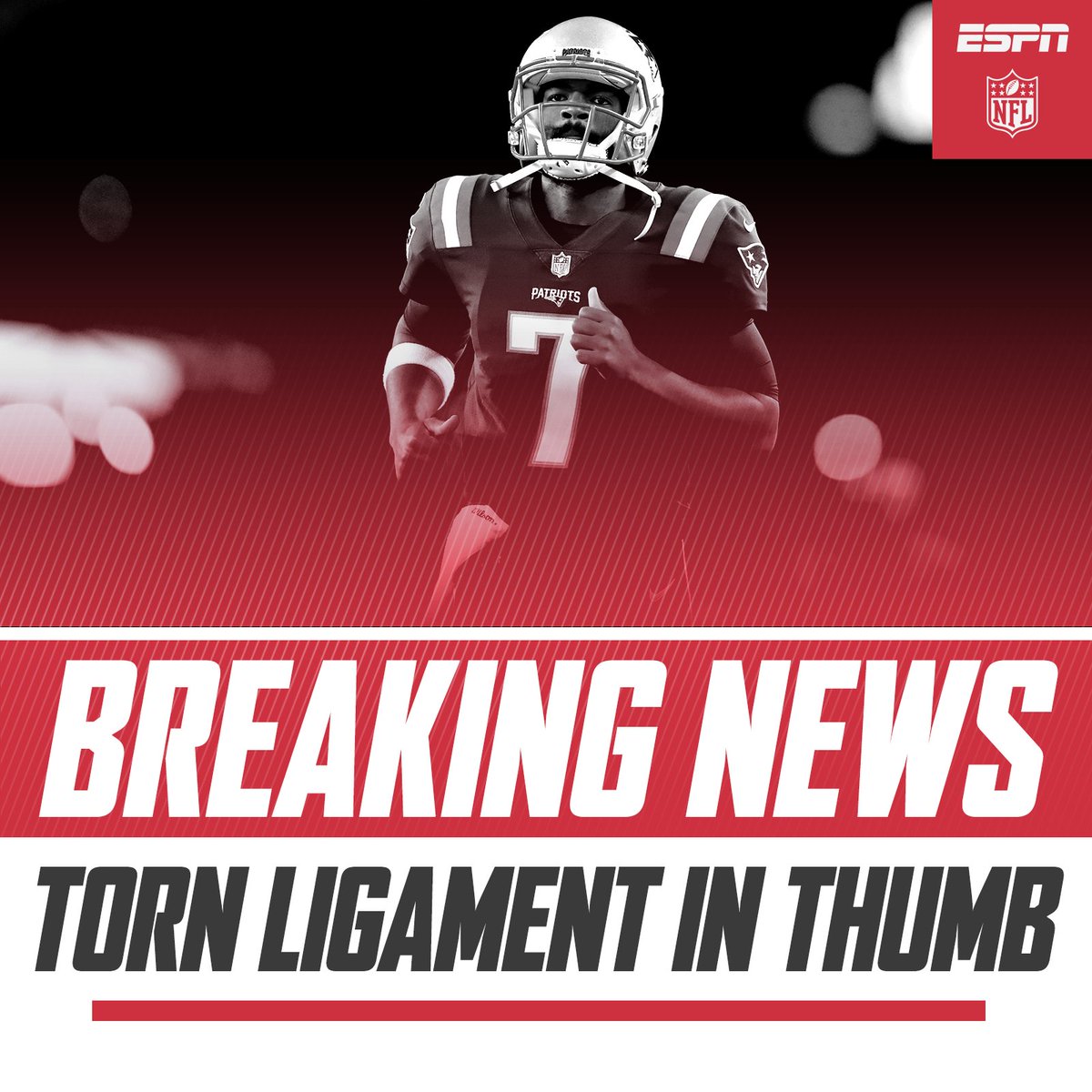 ESPNNFL's tweet photo. Patriots QB Jacoby Brissett has a torn right thumb ligament. (via @WEEI) https://t.co/cISn46c8P1