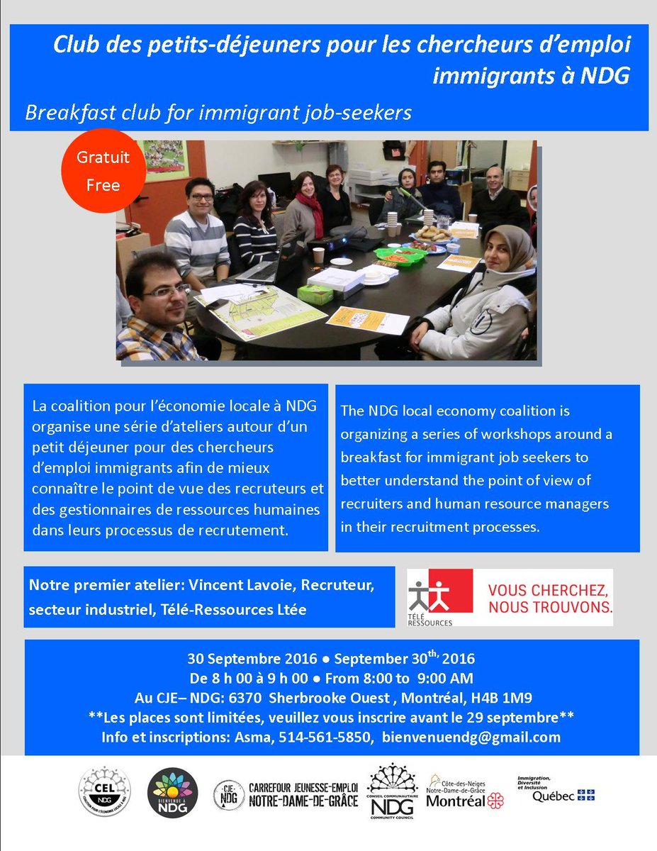 cjendg1's tweet photo. Connaissez-vous le Club des petits-déjeuners pour les chercheurs d’emploi immigrants à NDG? #emploi @CND_NDG #CJENDG https://t.co/uPpclIWfWh