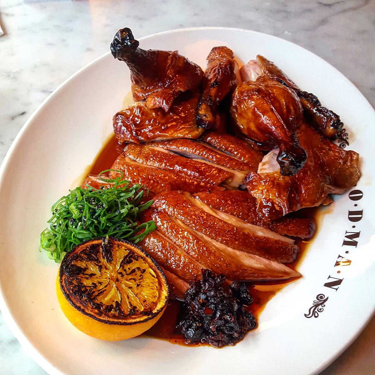 Roast duck plate, with orange, black bean chilli oil...
Hanged for 3 days, slightly smoked, roasted, glazed.  <a href="/Goodman_london/">london goodman</a> #testing