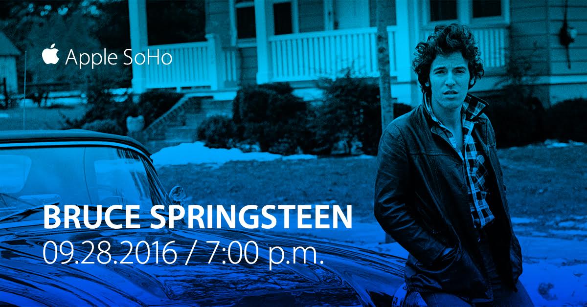 springsteen's tweet photo. Join Bruce in conversation at @Apple SoHo in NYC on 09.28.16. Registration opens tomorrow at 3pm ET. https://t.co/VfkuwujUJx https://t.co/wW3t4D4qKd