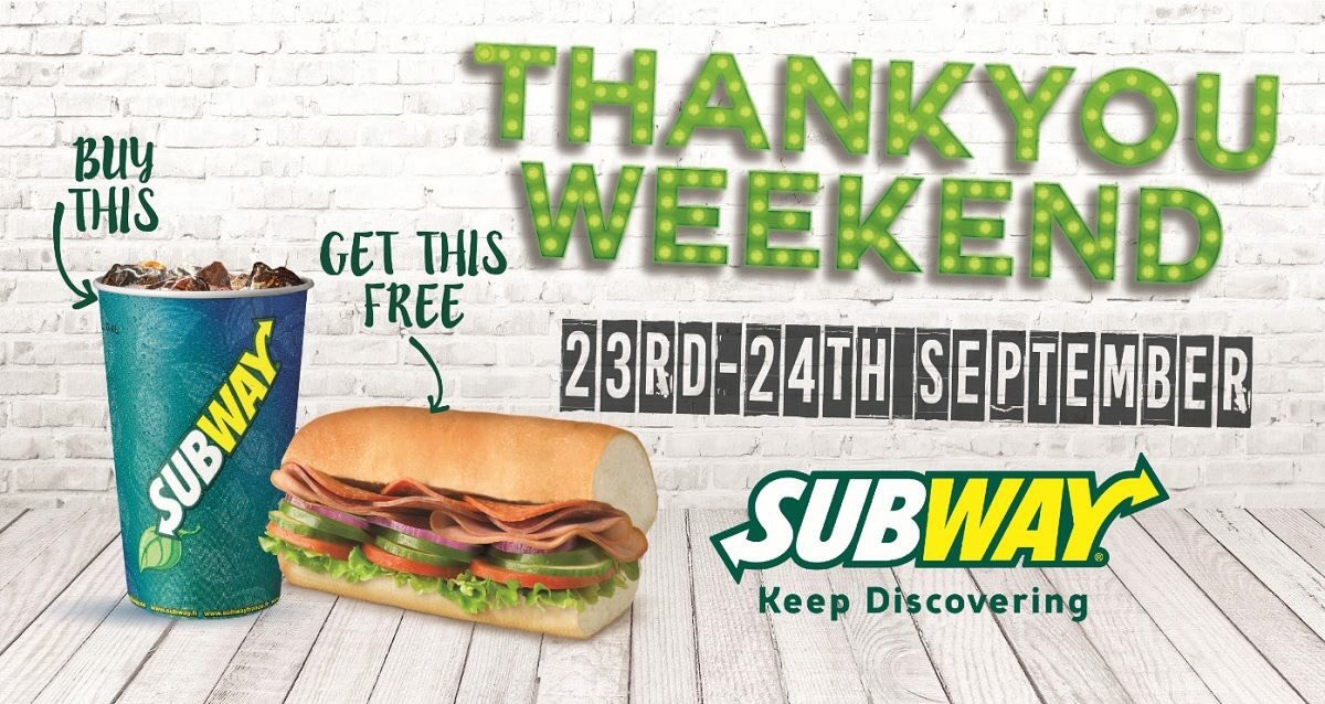 FREE 6 Inch @ Chineham.
Buy a lrg drk &amp; get a 6 inch FREE Friday 23rd Sat &amp; Sun 24th Sep all day. No voucher needed.