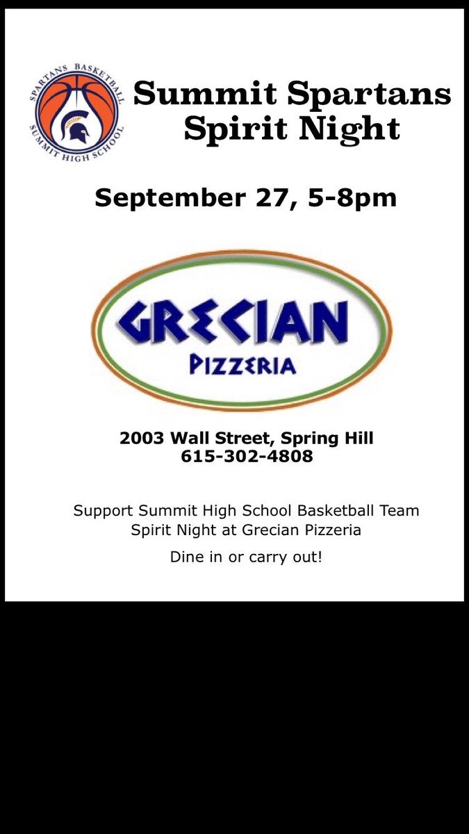 SummitPTSO's tweet photo. Support @Summit_Spartans by eating @GrecianPizzeria 9/27 5-8pm. Dine in or carry out @wcsSHS @SummitSquad https://t.co/oLMVxvleZy