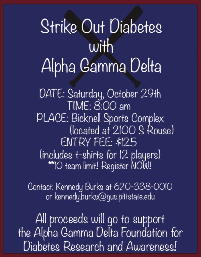 PittStateAGD's tweet photo. Help Strike Out Diabetes with us!! Register for our softball tournament NOW! ⚾️🐿 https://t.co/4N7O9Pgpg3