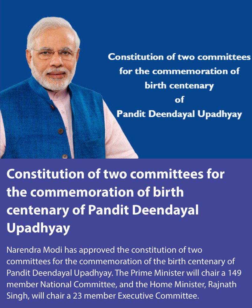 PMOIndia's tweet photo. Committees for commemoration of birth centenary of Pandit Deendayal Upadhyay

https://t.co/RDzfO6Z2yJ

via NMApp https://t.co/2kduA8BTa1