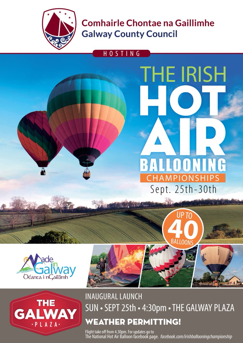 GalwayCoCo's tweet photo. Want some fun! Inaugural Launch of Irish Hot Air Ballooning Championships Sun 25/9 at 4.30pm in The #Galway Plaza #Loughrea @Irish_Champs https://t.co/4bZYbgJ5Q2