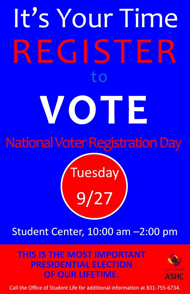 SaraParker411's tweet image. Register to Vote Day @HartnellCollege in #Salinas 5 points #extracredit... #COM3 #COM5 #RegisterToVote #GetOutTheVote #millennials @Joss