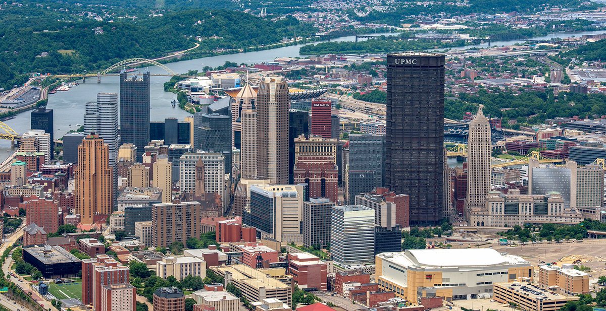 DaveDiCello's tweet photo. A view of the #Pittsburgh skyline that you don't see everyday, an aerial view from above the Monongahela River on a summer afternoon https://t.co/lMi4kEyxEY