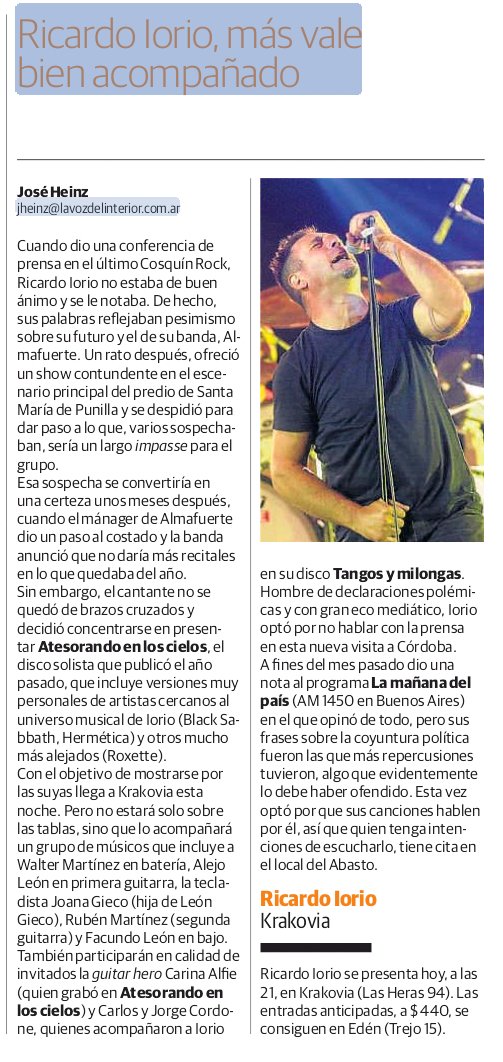 PrensaBestiario's tweet photo. #PRENSA Nota de @IORIO_oficial por @okeycomputer publicada hoy en @VOScomar! Esta noche presenta su proyecto solista en @KrakoviaCba. https://t.co/J8vS5C0eIq