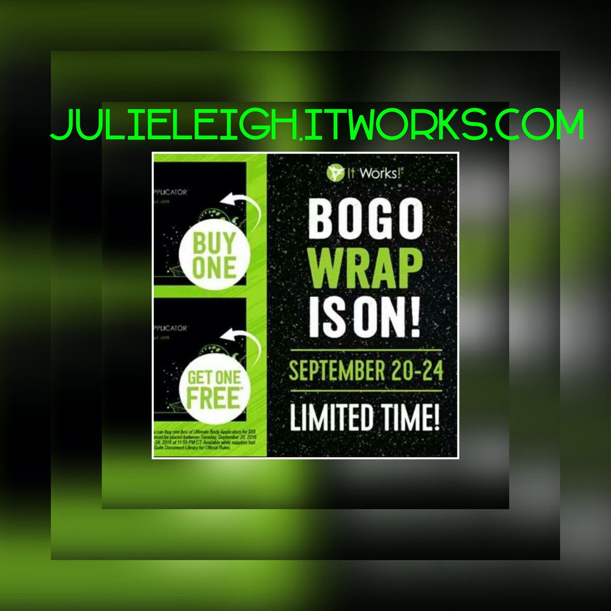 juls7784's tweet photo. Only 2 days left for this incredible deal! BOGO Wraps! Message me for details! #itworks #allnatural #BOGO #tightenandtone #notweightloss https://t.co/7XQ3L3o1Uu