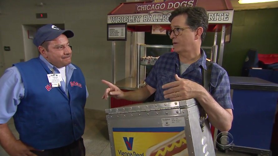 RollingStone's tweet photo. Watch Stephen Colbert go undercover to sell hot dogs at Wrigley Field during a Chicago Cubs game https://t.co/M9BScGCKl8 https://t.co/c8x3jfx4qu