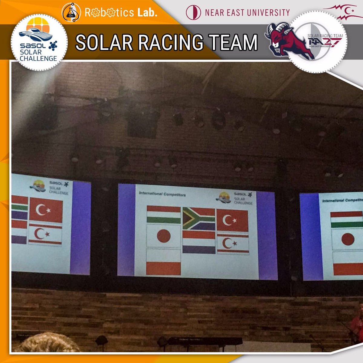 NeuRoboticsLab's tweet photo. Team briefing before the race. Such a  nice feeling to see our flag up there @Solar_Challenge #SasolSolarChallenge #ssc16 @YakinDoguUni https://t.co/Mh500McPaB