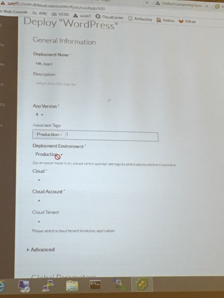 StevenJBurke's tweet photo. Cisco showing Cloud Center, formerly CliQr, deploying a WordPress app. Very Cool. #DenaliSummit @DenaliAI https://t.co/YGKFBwECD6