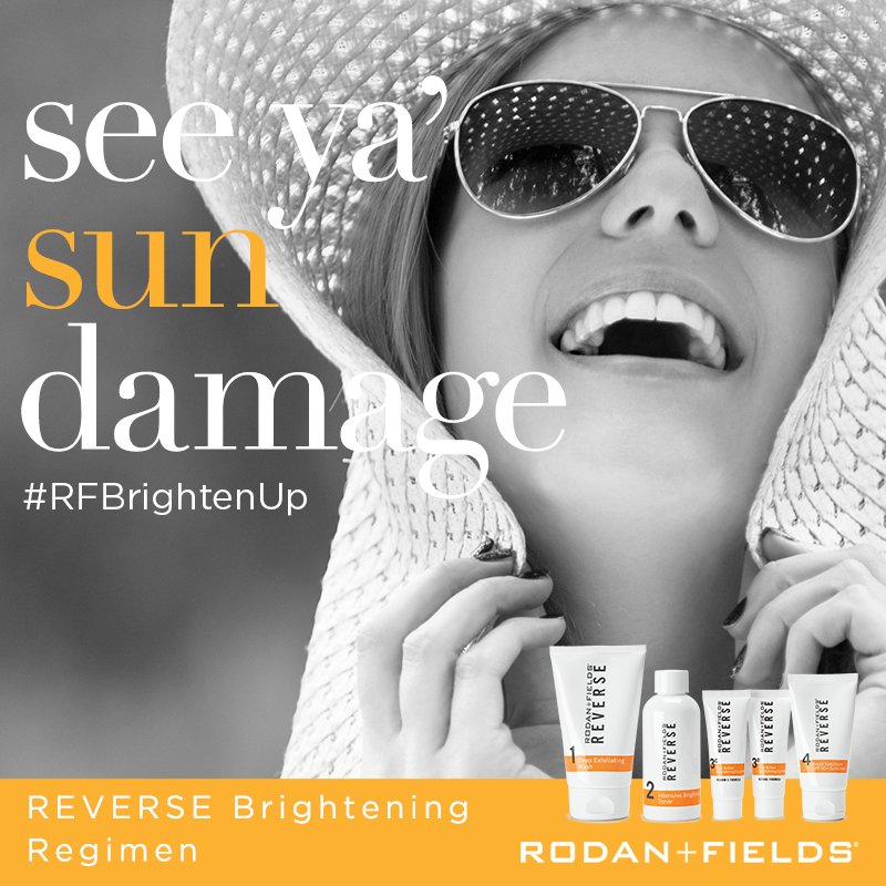 RodanFieldsHQ's tweet photo. Dark spots and dull skin got you down? Do an about-face and say “see ya’ sun damage” with the comprehensive REVERSE Regimen. #RFBrightenUp https://t.co/LZgJ5FQmTE