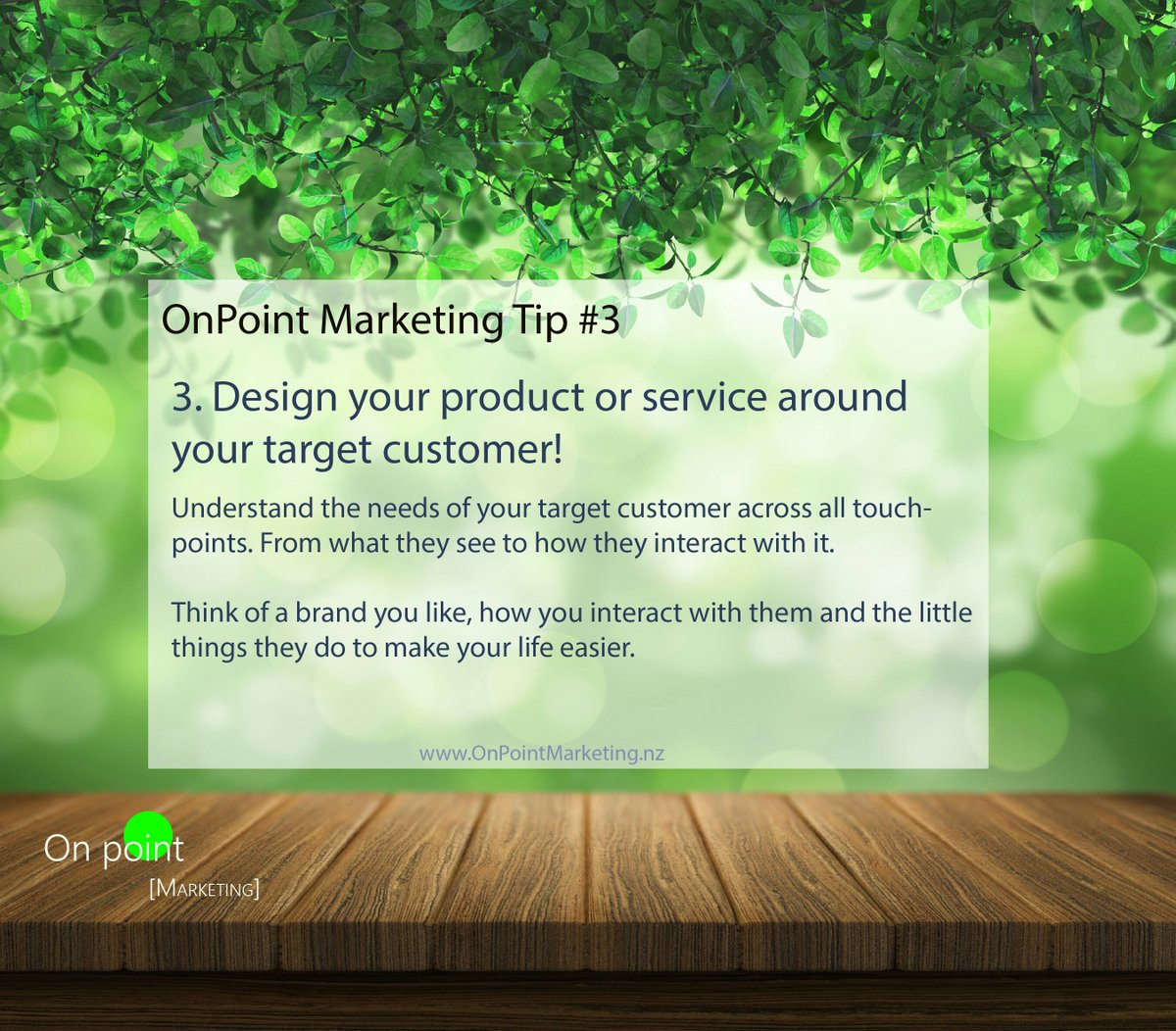 OnPointMNZ's tweet image. OnPoint Marketing Tip #3 - Design your product/service around your target customer! #Business #Design #Marketing #TargetCustomer #Strategy