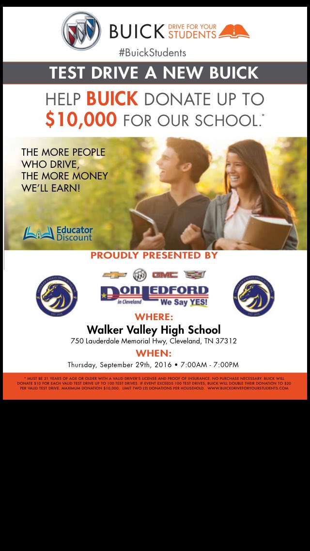 WalkerValleyHS's tweet photo. Grab a friend and join us this Thursday for a test drive!  Each test drive represents $20 donation to any WVHS organization! We need 500!! https://t.co/d0IEFAcfUn