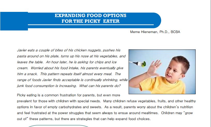 Pos_Behavior's tweet image. Vegetables giving you trouble? Full article for more information on Expanding Food Options.  teampbs.com/Articles/9.pdf  #specialneeds #ABA