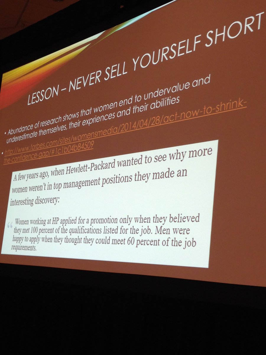 AnneGent1977's tweet photo. Research shows women tend to undervalue and underestimate themselves. Don't sell yourself short! -Dr. 'Lyn Anglin #MYP2016 #miningthegap https://t.co/cqZGYVpqYC