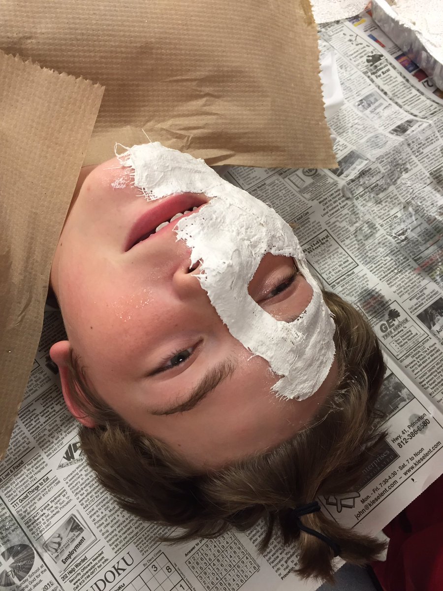 PrCMSTigers's tweet photo. Students in Mrs. Wiesenberg's class lay plaster on each other's faces this afternoon. These will eventually become painted superhero masks. https://t.co/h26EPhPAdz