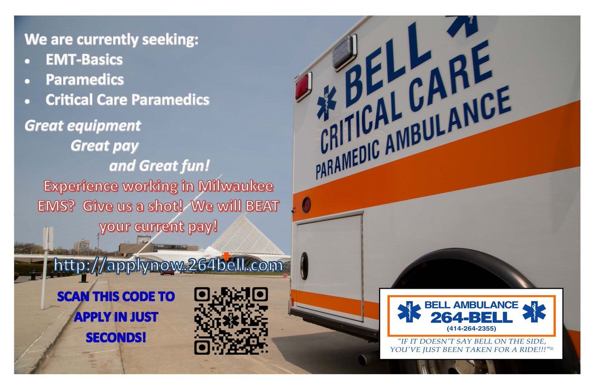 We’re hiring!  #emt #ems #emsjobs #paramedic #criticalcare #ambulance #emswork #milwaukeejobs #264bell #workhere