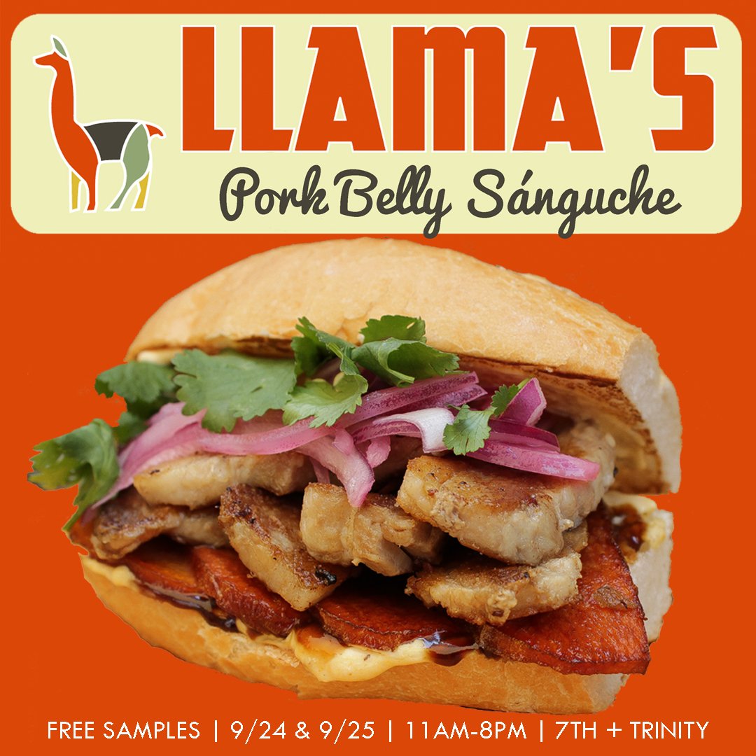 Llama's (Free) Pork Belly Sánguche Weekend starts tomorrow!  Provecho! 
<a href="/pecanstreetfest/">PecanStreetFestival</a> <a href="/LlamasTrailer/">Llama's</a> <a href="/peru/">peru</a> <a href="/free/">Free</a>