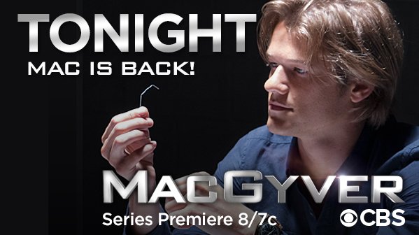 MacGyverCBS's tweet image. 1 HOUR until the #MacGyver series premiere! RT if you'll be watching at 8/7c on #CBS! 📎👊💥