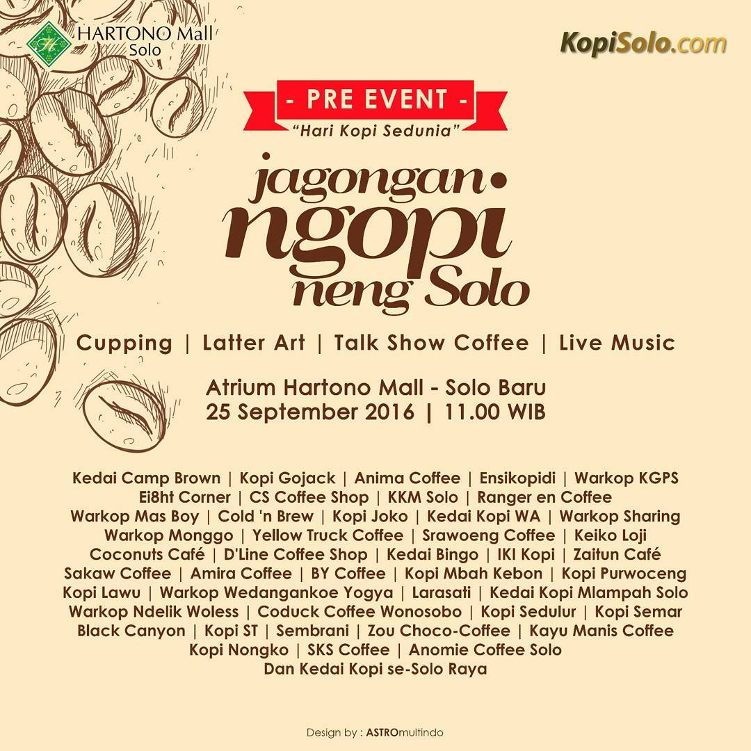 AgendaSOLO's tweet photo. Pre Event Jagongan Ngopi neng Solo | Cupping, Lattee Art, Talkshow, Live Music | 25 Sept 2016 | Atrium Hartono Mall https://t.co/SWSOMFwi8l