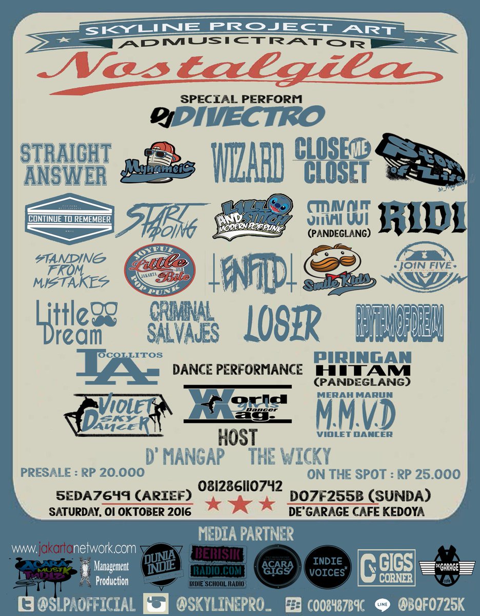 ADMUSICTRATOR "Nostalgila"
Saturday, 1 Oct 2016 at De Garage Cafe

Presale 20k
Ots 25k

(Pindah jadwal)