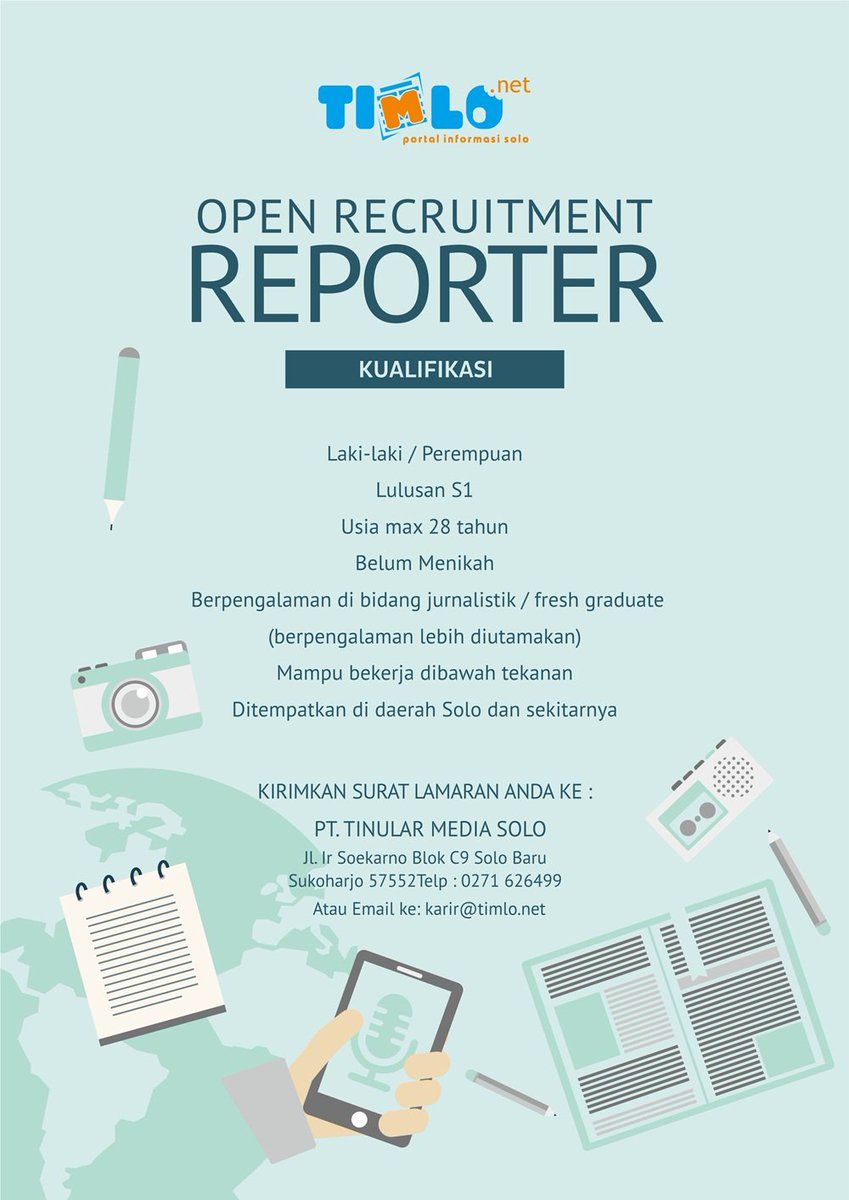 InfoTimlo's tweet photo. Open Recruitment Reporter TimloNet #Loker #LokerSolo #LokerSoloraya More info » https://t.co/CcM2Zru1iZ https://t.co/AylLS3Pxqg