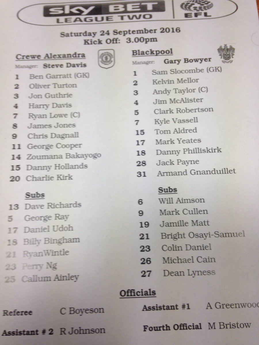 crewealexfc's tweet image. TEAM SHEET: How #CreweAlex &amp;amp; @BlackpoolFC line-up in full this afternoon...
