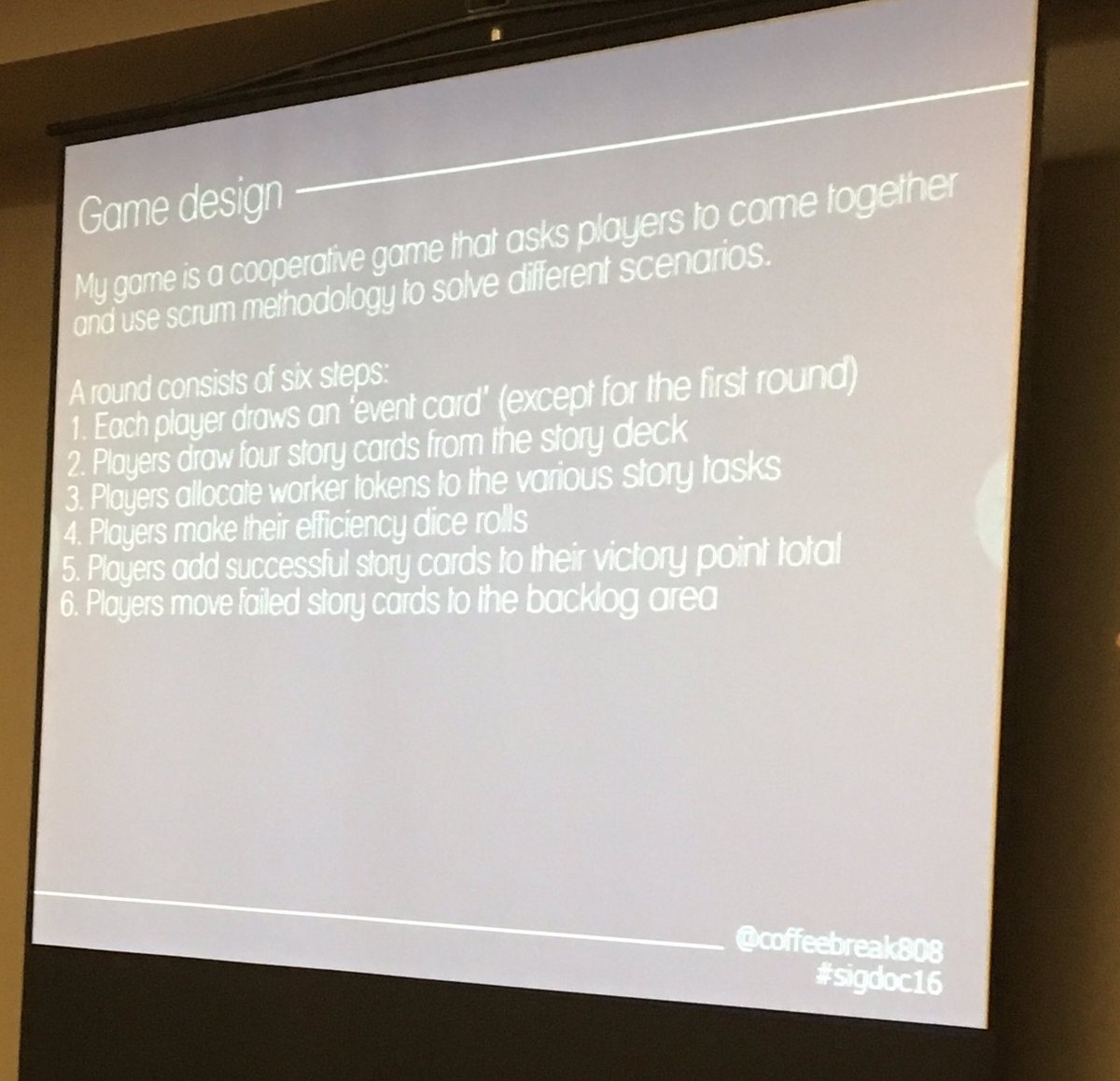 Videlais's tweet image. #SIGDOC16 #SD163A Designing an Agile Game for Classroom: Current game rules from @coffeebreak808 for based on agile framework.