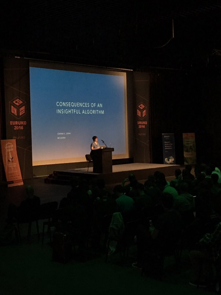 .<a href="/cczona/">@cczona@hachyderm.io</a> truly unlocking our awareness of the unconscious bias in algorithms used by Facebook, Twitter etc. #euruko