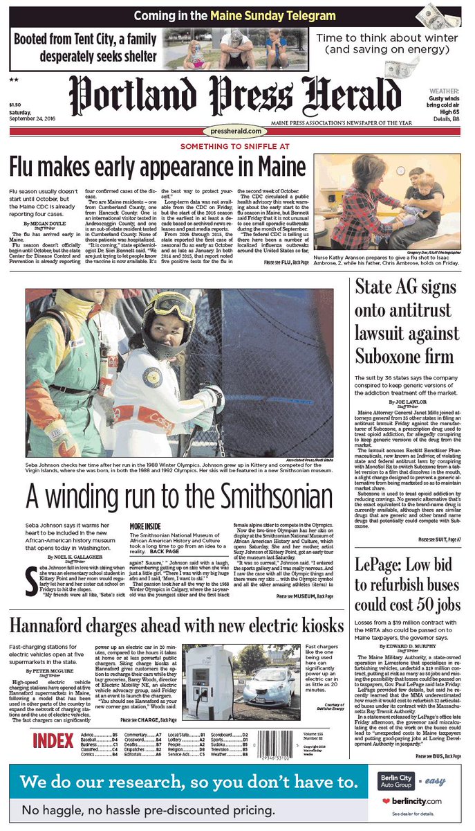 Today's Portland Press Herald front page, Saturday, September 24, 2016 ...