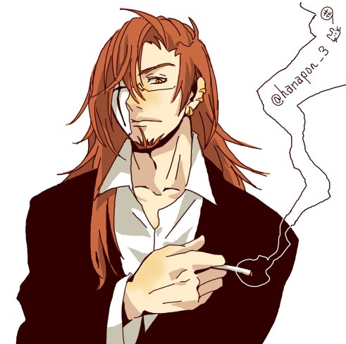 手癖で赤髪長髪ヒゲ眼鏡右顔仮面ピアス煙草の男性を一人描いてください Twitter Search