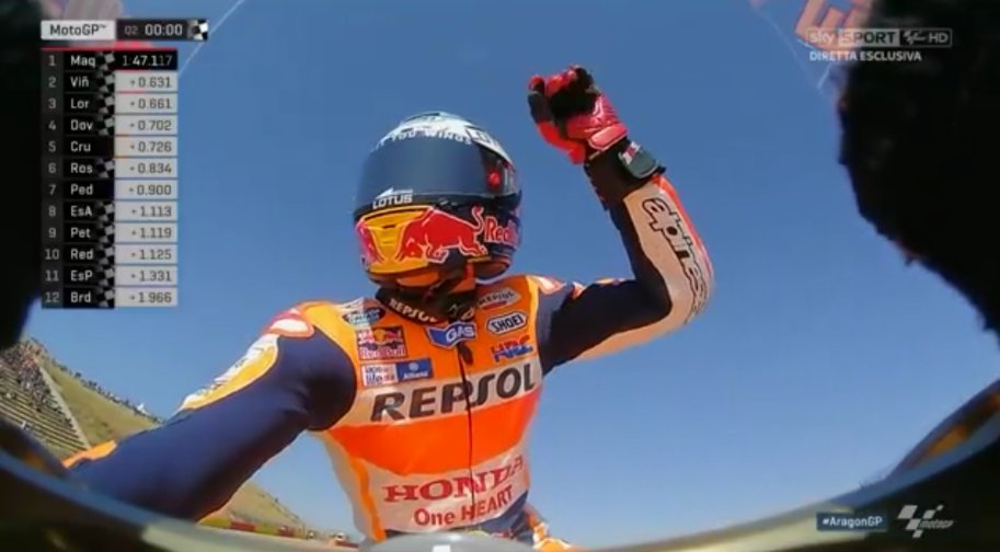 SkySportMotoGP's tweet photo. Continua la sfida per il record di pole: @marcmarquez93 raggiunge @lorenzo99 a quota 64, è sua la pole! #AragonGP 🏁🇪🇸 #SkyMotori #AraGO👊💨 https://t.co/xxTJoESteJ