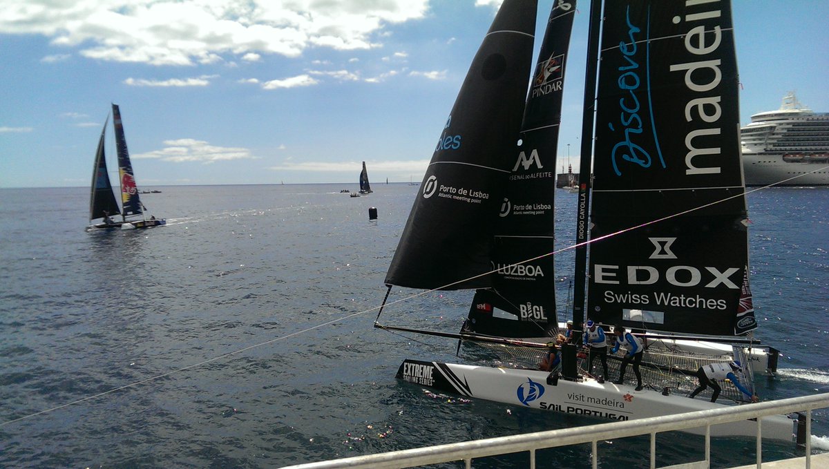 Local team <a href="/SailPortugal/">SAIL Portugal</a> getting up close and personal to the spectators in the grandstand as they wait for racing to get underway