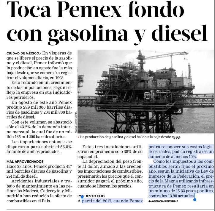 #AgenciaReforma #Reforma #PeriodicoReforma: 2017 incrementaran las #GasolinaMagna 10% #méxico #Pemex #Inflación