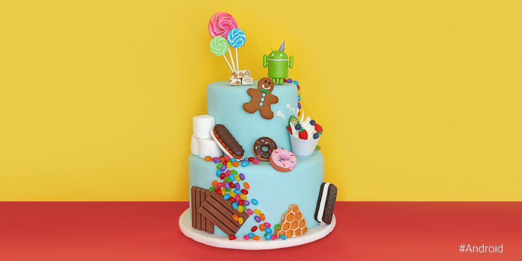 Android's tweet image. 8 epic years. Naturally, we&apos;re celebrating with some of our favorite treats. #Android