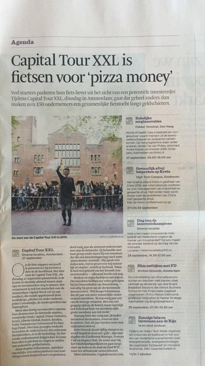 capitaltourxxl's tweet photo. Check us out in @FD_Entrepreneur today! Bike tour for 'pizza money'! #CTXXL @CapitalWeekAMS https://t.co/vLrNzRx2lO