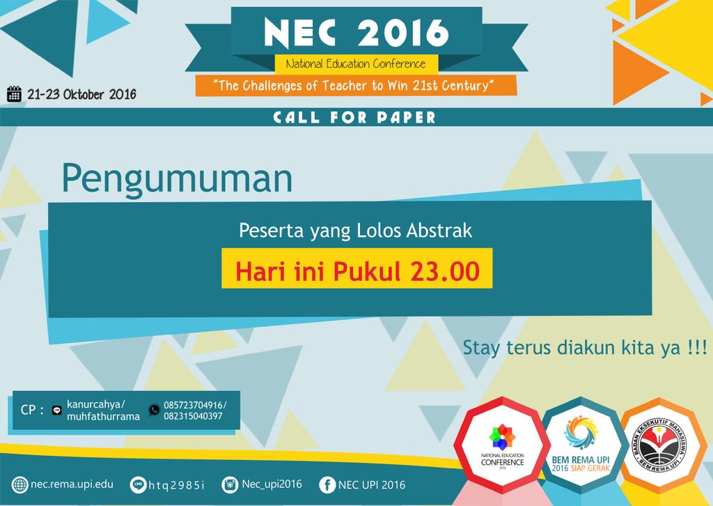 edheartaction's tweet photo. [ABSTRACT ANNOUNCEMENT]
Check our web Today on 23.00 WIB for the announcement. https://t.co/yoDcXjBOj3 #NEC2016 https://t.co/ihzBdGJwah