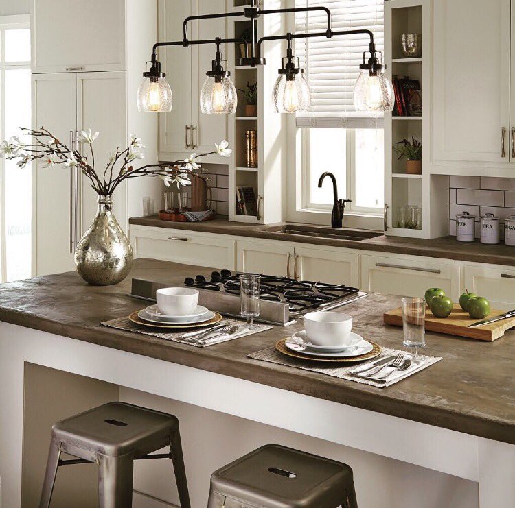 cardelloltg's tweet photo. What's for lunch?! Loving the combination of soft, white cabinets and bold industrial accents. ❤️👍 Seagull Belton Pendant https://t.co/BqQHU8RR5G
