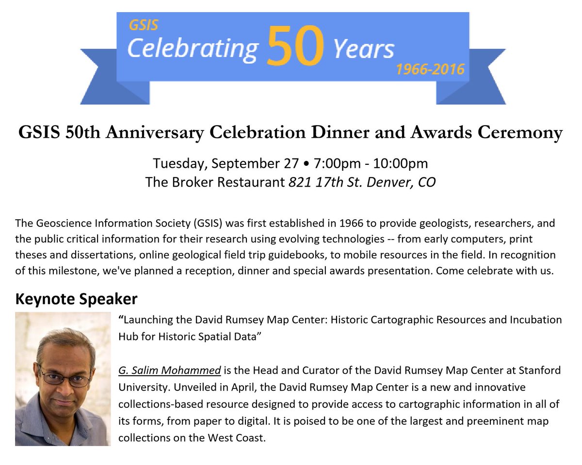 .<a href="/rumseymapcenter/">Rumsey Map Center</a>'s <a href="/gsalim/">G. Salim Mohammed</a> will be giving the keynote at the GSIS 50th Anniversary Celebration Sept 27 #GSA2016 sched.co/6vHe
