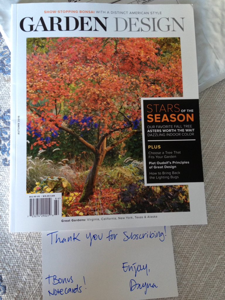 ykmnae's tweet photo. First issue of new subscription to awesome @GardenDesignMag. And I got a pretty thank you card! #unexpected #happiness https://t.co/EyzCxiLqTC