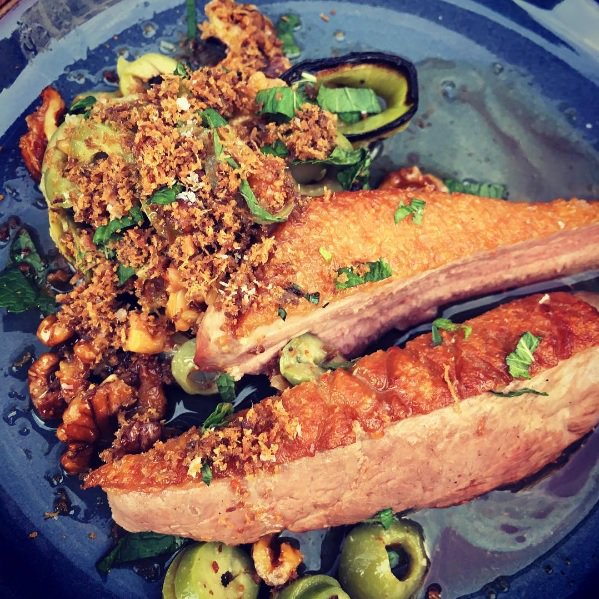 EmberYard's tweet photo. Now that's what I call a corker! Our brand new Josper Roasted Aylesbury Duck Breast with charred leeks, walnuts and green olives #delicious https://t.co/R8VDmUUQou
