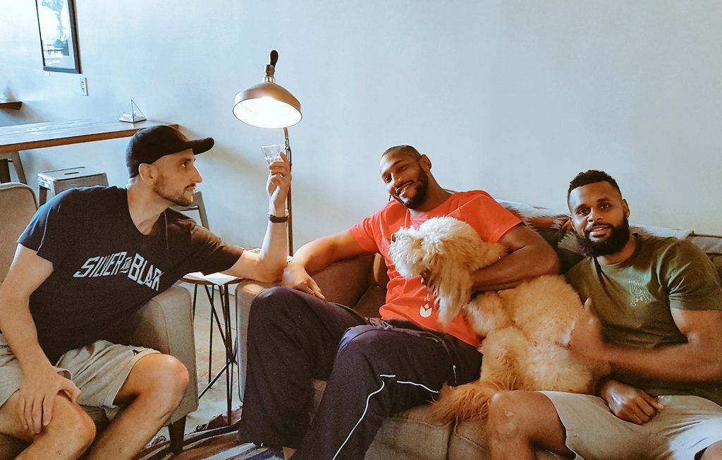 Great to see my guys <a href="/Patty_Mills/">Patrick Mills AM</a>, <a href="/theborisdiaw/">Boris Diaw</a> and #Harvey🐶  for coffee yesterday! We'll miss you ⚡Bobo!