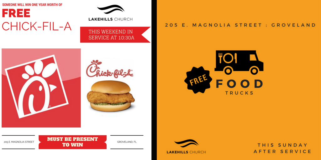 LakeHillsSocial's tweet photo. Free Food Trucks + Someone gets chick fil a for an entire year at service this weekend! 10:30a : 205 E. Magnolia St : Groveland, FL https://t.co/bExmpKMFwJ