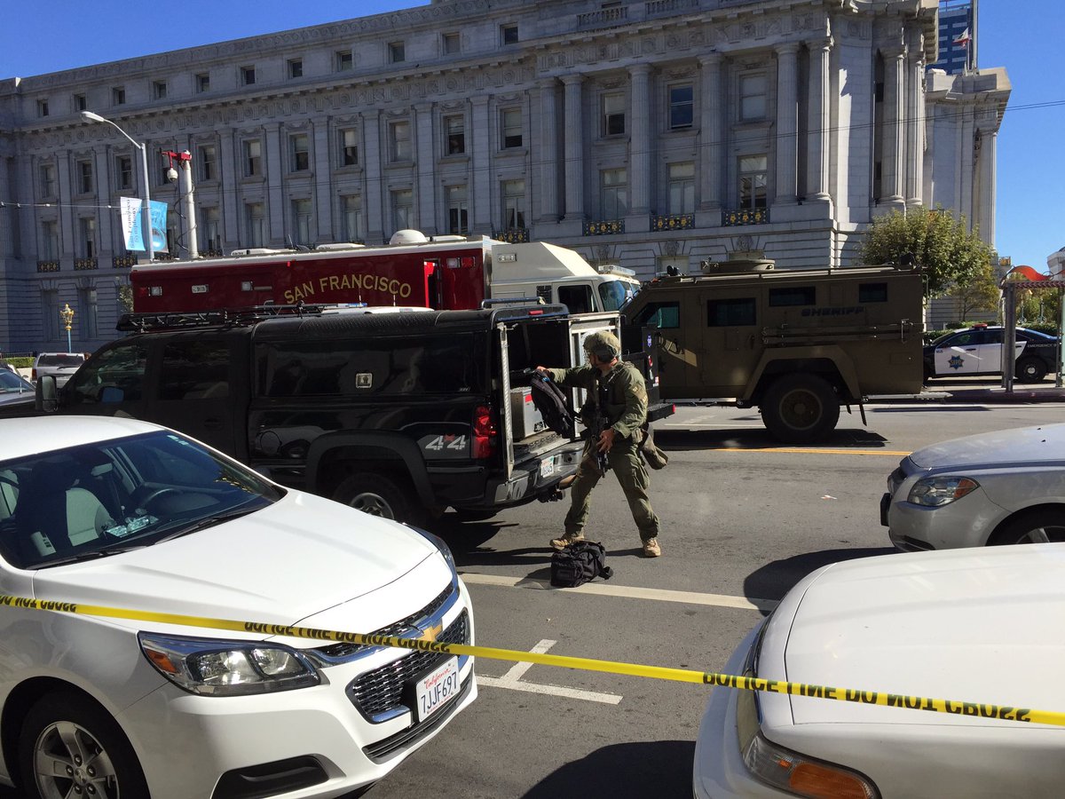 SFPD and FBI both still camped out in Civic Center, with armed and suicidal man in the plaza. It's quiet as we wait