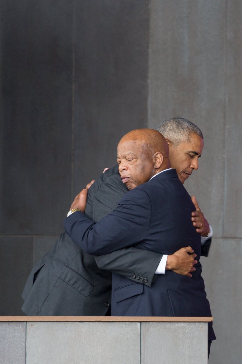 A deserving hug between @repjohnlewis and @POTUS. It's been a long journey and we're all grateful to be here. #APeoplesJourney